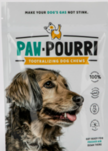 paw-pourri chew pack with picture of a dog THE REMEDY FOR SMELLY DOG GAS