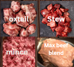 Free Range Grass Fed Beef item I bought. mince beef, chopped beef for stew, oxtail for soup and for Max Beef blend
