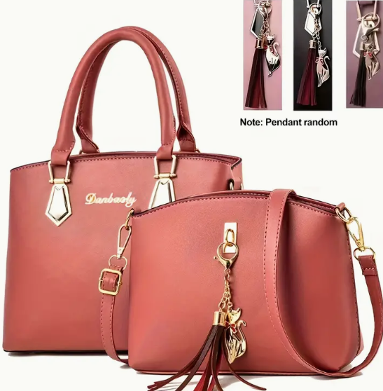 Affordable Fashion For All Women, 2Pcs Solid Color Handbag Set, Fashion Tassel Decor Tote and Cross-body Bag, 