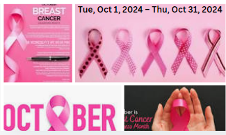 Breast Cancer Awareness Month, 2024
 pink ribbons' poster giving the date of awareness month